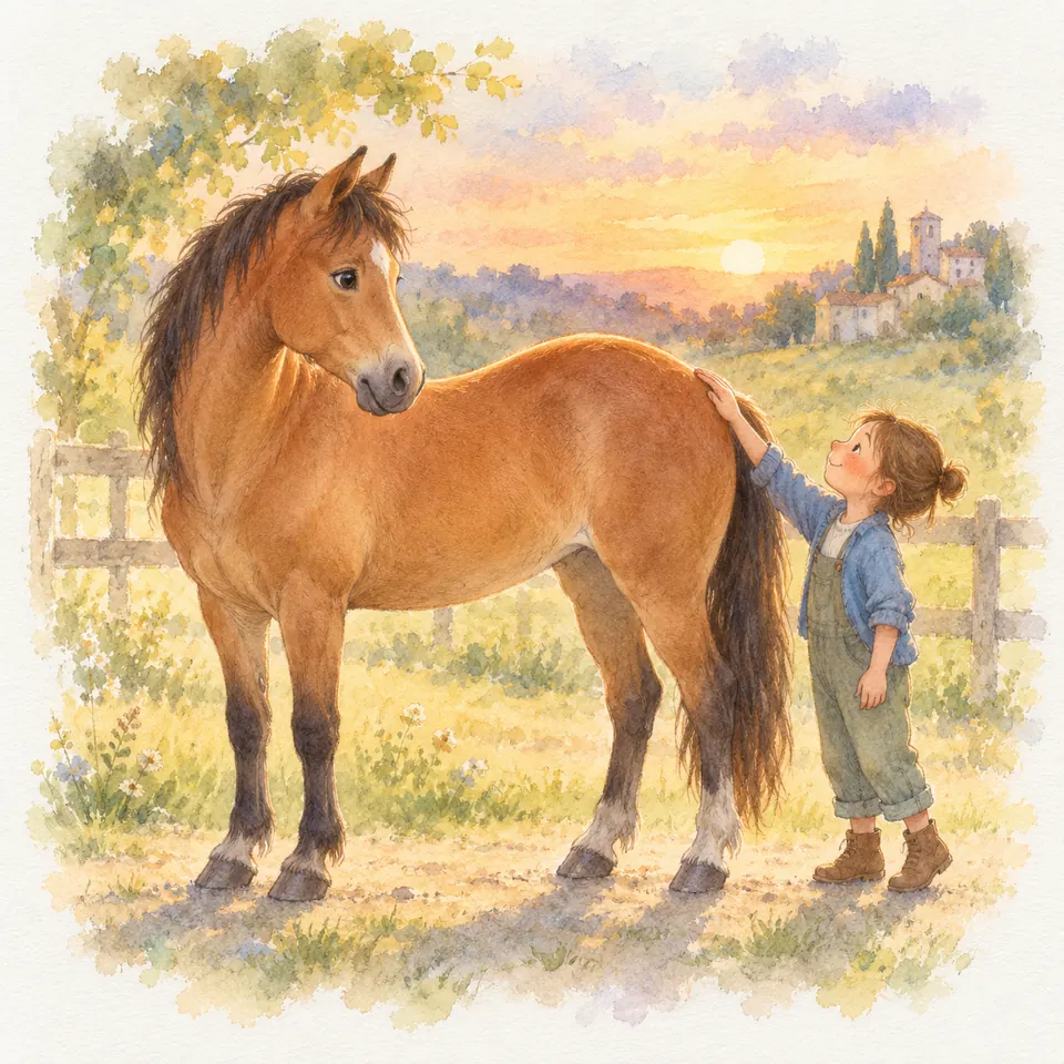 Une enfant pose la main sur l’arrière du dos convexe d’un cheval bai, debout dans un pré clôturé