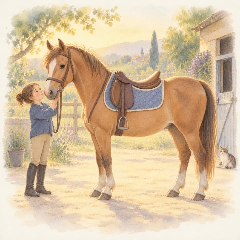 Une jeune fille tient la bride d’un cheval alezan portant une selle et un tapis bleu devant une écurie