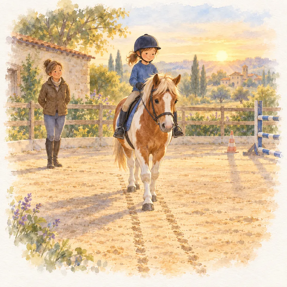 Une enfant monte un poney pie alezan qui avance en croisant les antérieurs dans une carrière, près d’une monitrice