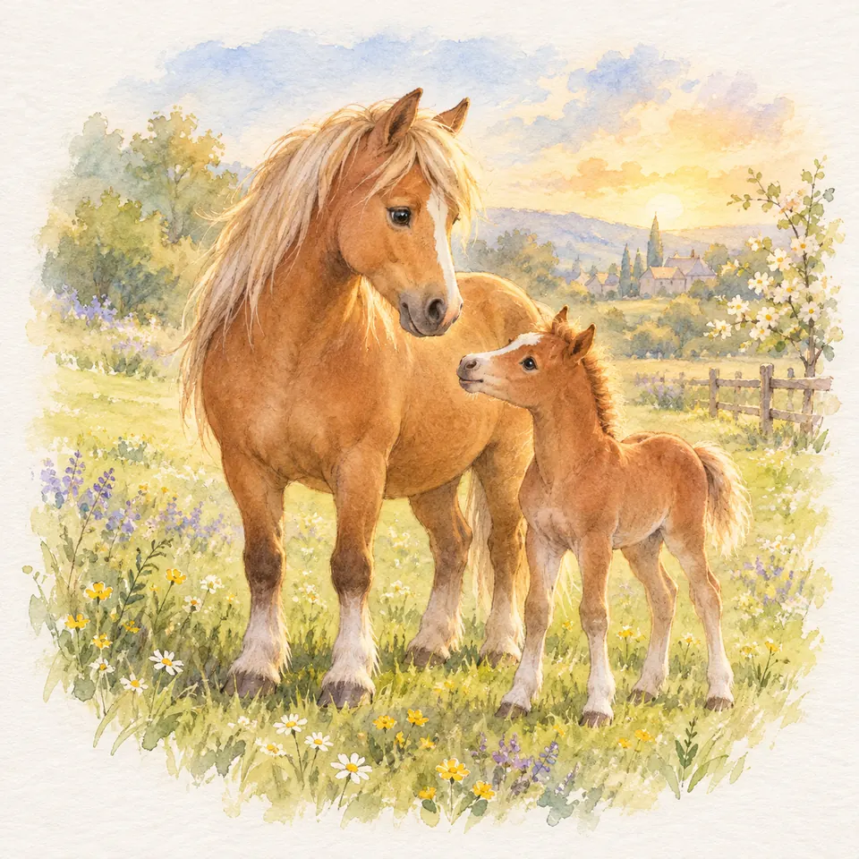 Un poney alezan aux crins clairs se tient près d’un poulain alezan dans un pré fleuri bordé d’une clôture en bois