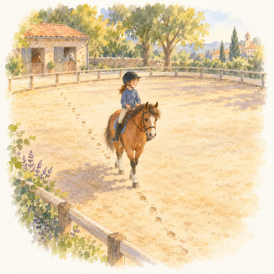 Une jeune cavalière sur un poney alezan traverse l’intérieur d’une carrière sablée, loin de la clôture en bois