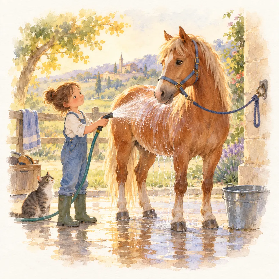 Une enfant douche au tuyau le flanc d’un poney alezan attaché en licol près d’un mur, avec un seau à ses pieds