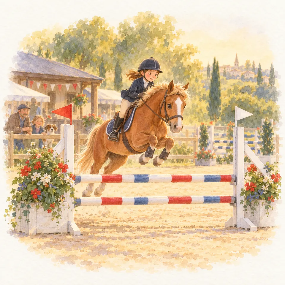 Une cavalière sur un poney alezan saute un obstacle à barres colorées, entre un drapeau rouge et un drapeau blanc