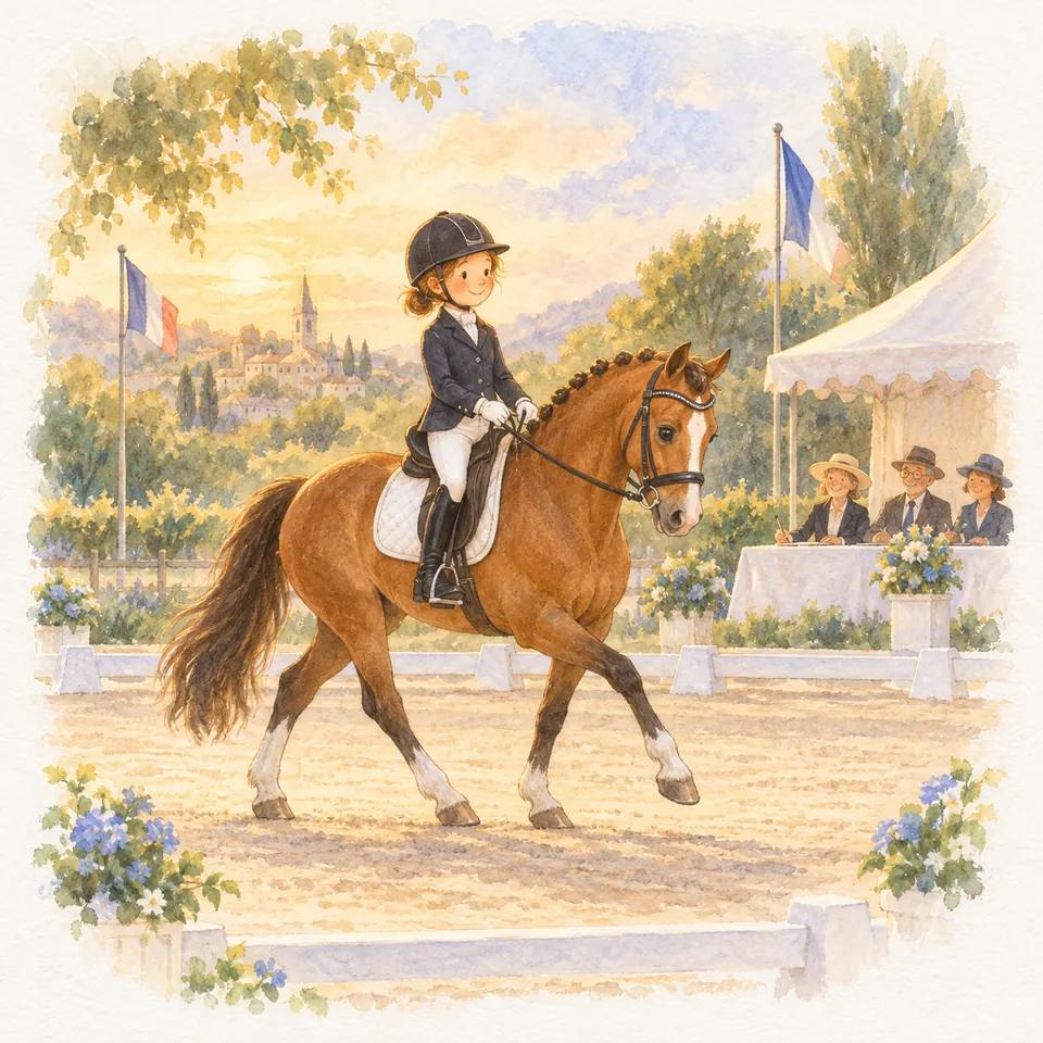 Une cavalière en tenue de concours monte un cheval alezan à la crinière nattée dans un carré de dressage devant un jury