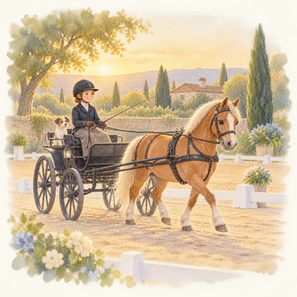 Une meneuse tient les guides d’un poney palomino attelé à une voiture à quatre roues dans une carrière de dressage
