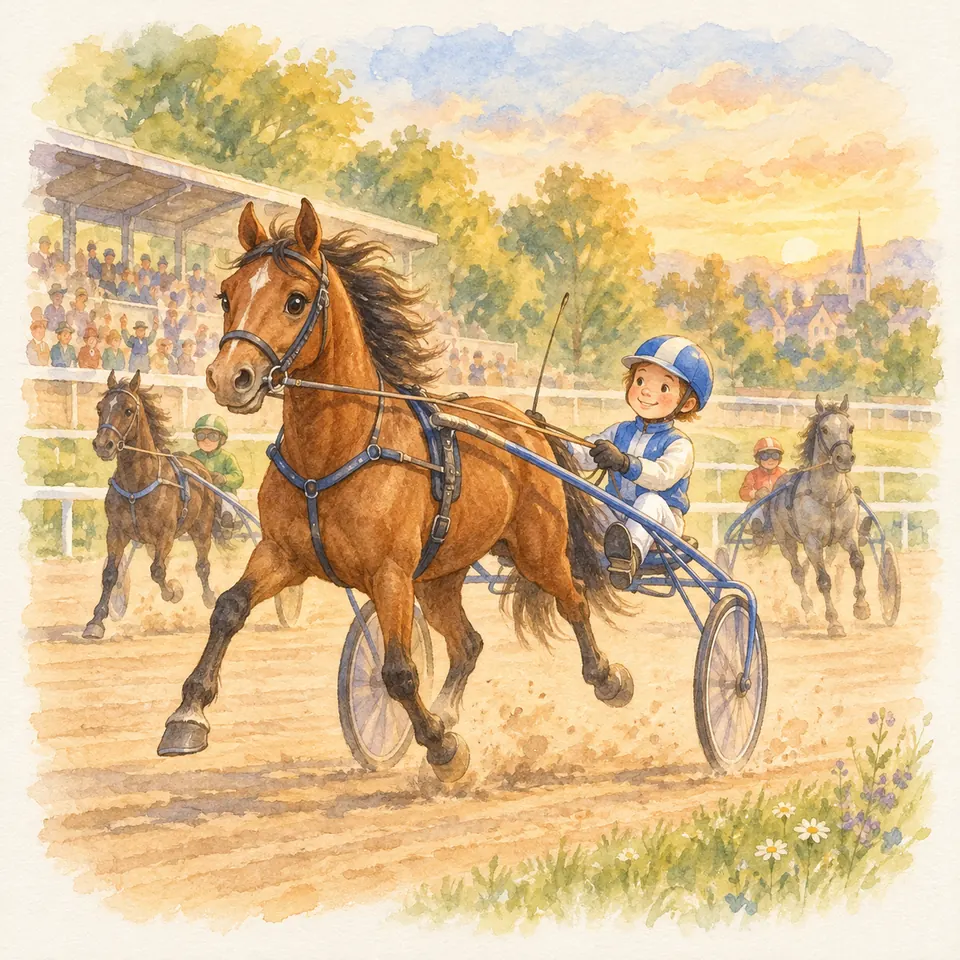 Un driver casqué en tenue bleue et blanche mène un cheval bai attelé à un sulky sur une piste devant les tribunes