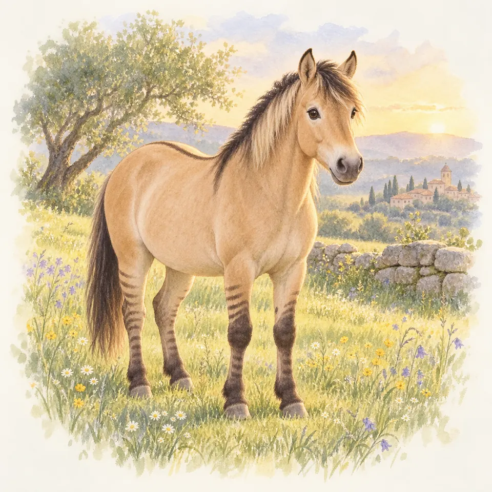 Un cheval à la robe dun, aux crins sombres, avec une raie de mulet et des zébrures sur les membres, se tient dans un pré fleuri