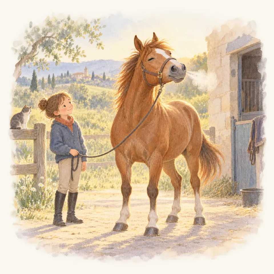 Un cheval alezan en licol s’ébroue, les yeux fermés et les crins soulevés, près d’une enfant qui tient sa longe devant l’écurie