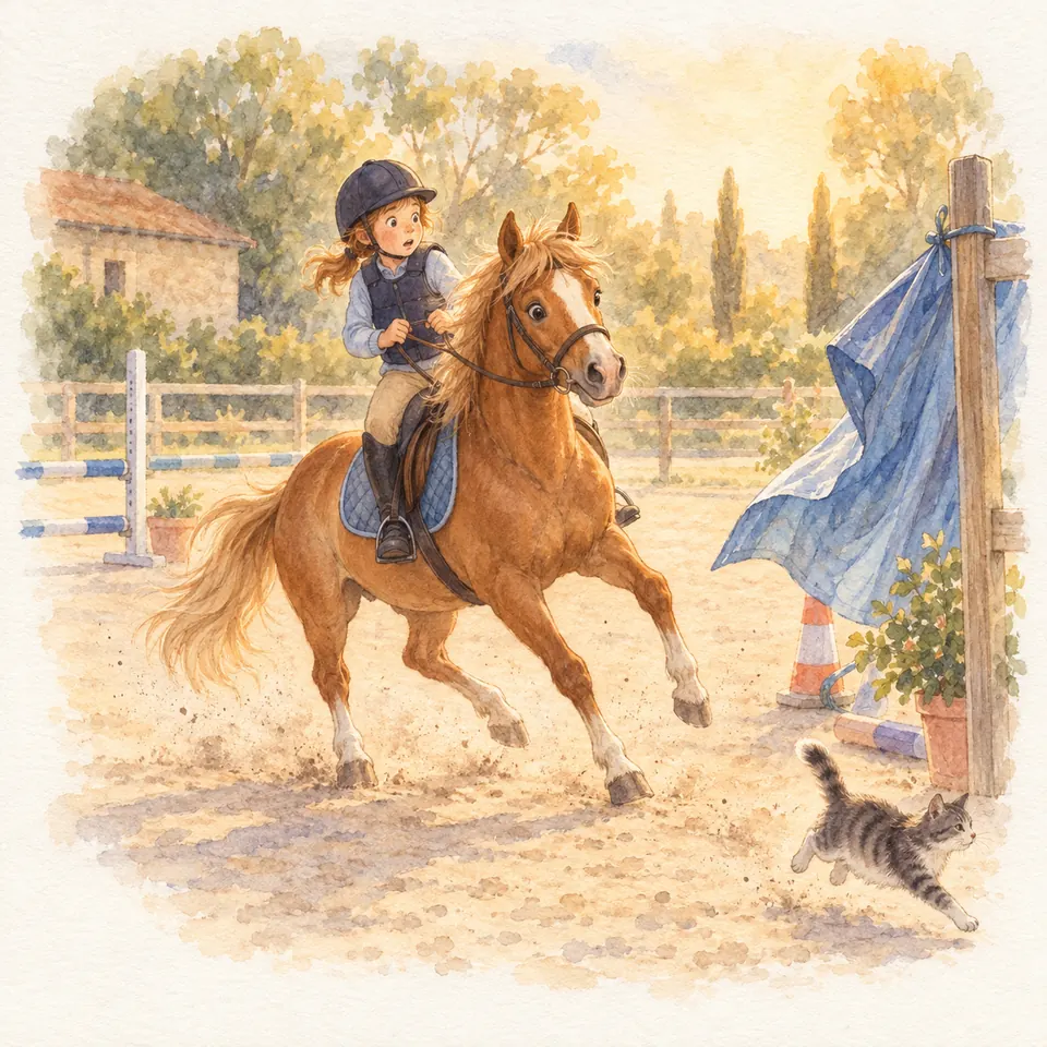 Un poney alezan monté par une enfant fait un écart dans une carrière près d’une bâche bleue tandis qu’un chat court