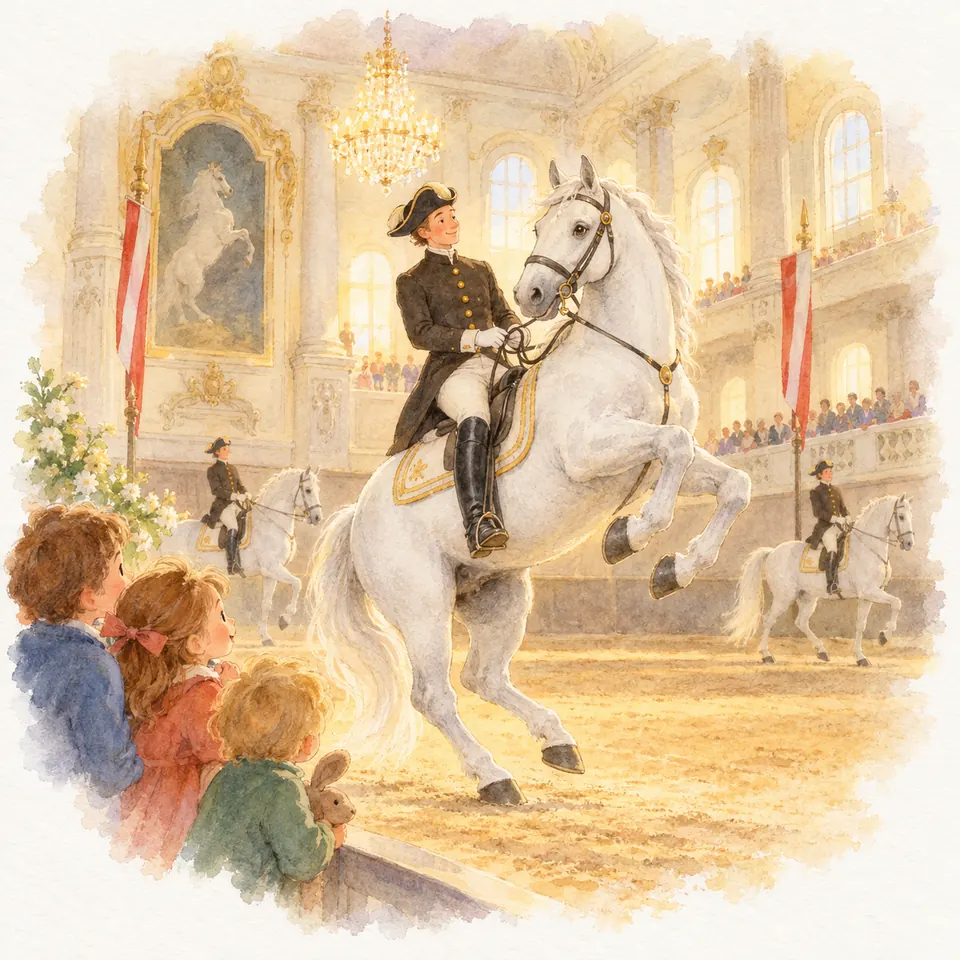 Un cavalier en habit monte un cheval gris cabré dans le manège de l’École espagnole de Vienne devant des spectateurs