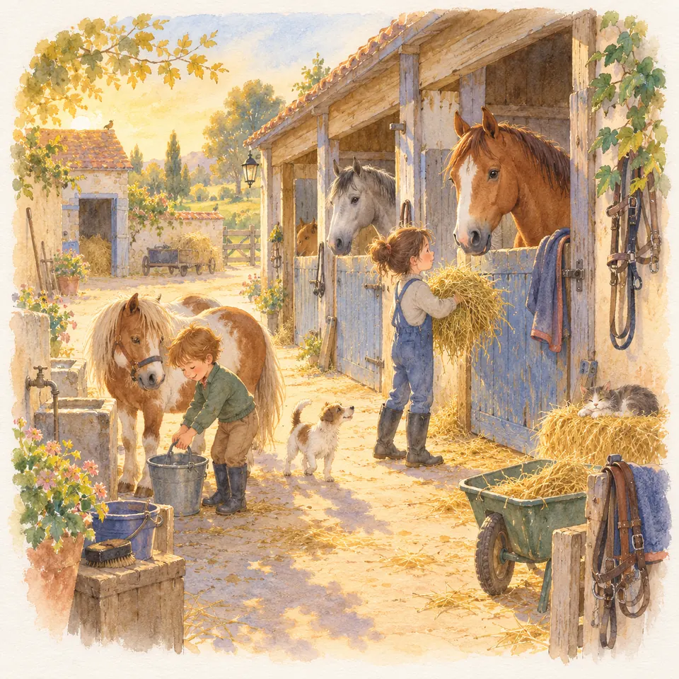Une femme distribue du foin aux chevaux dans leurs boxes tandis qu’un enfant remplit un seau près d’un poney pie