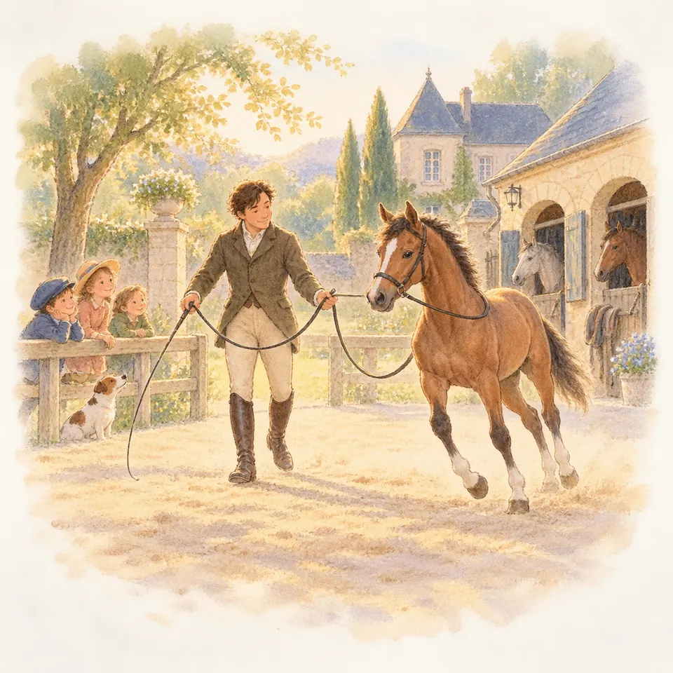 Un écuyer travaille un cheval bai en longe dans la cour d’une écurie, devant des enfants accoudés à une barrière