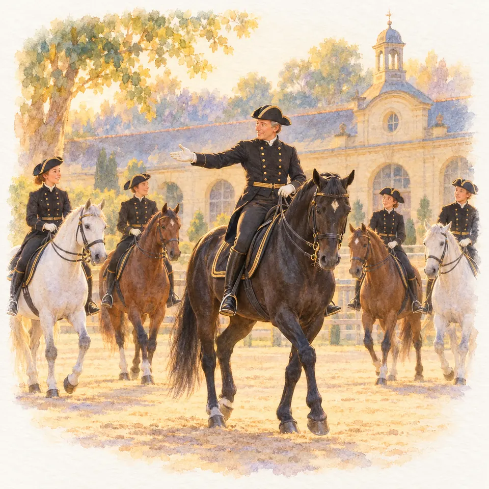 Un écuyer en chef sur un cheval noir tend le bras devant quatre cavaliers en uniforme dans une cour