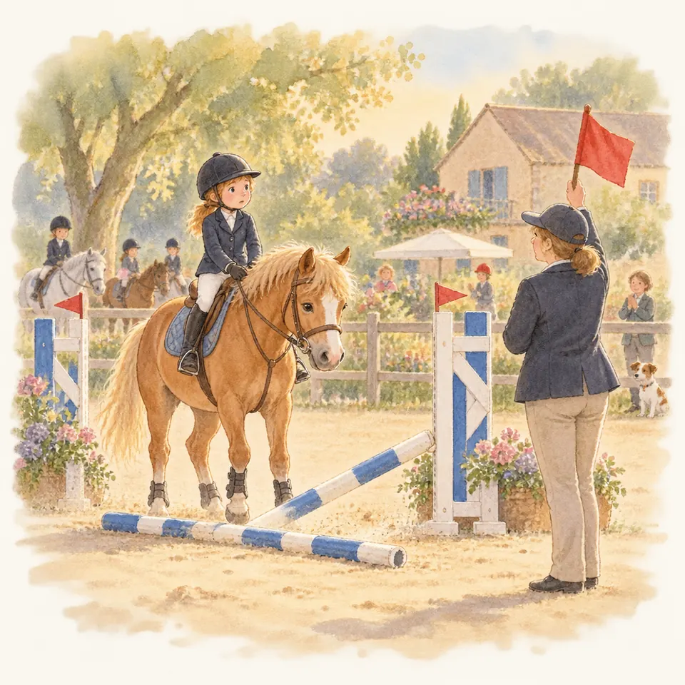 Une enfant sur un poney alezan fait face à une femme levant un drapeau rouge, près de barres d’obstacle tombées