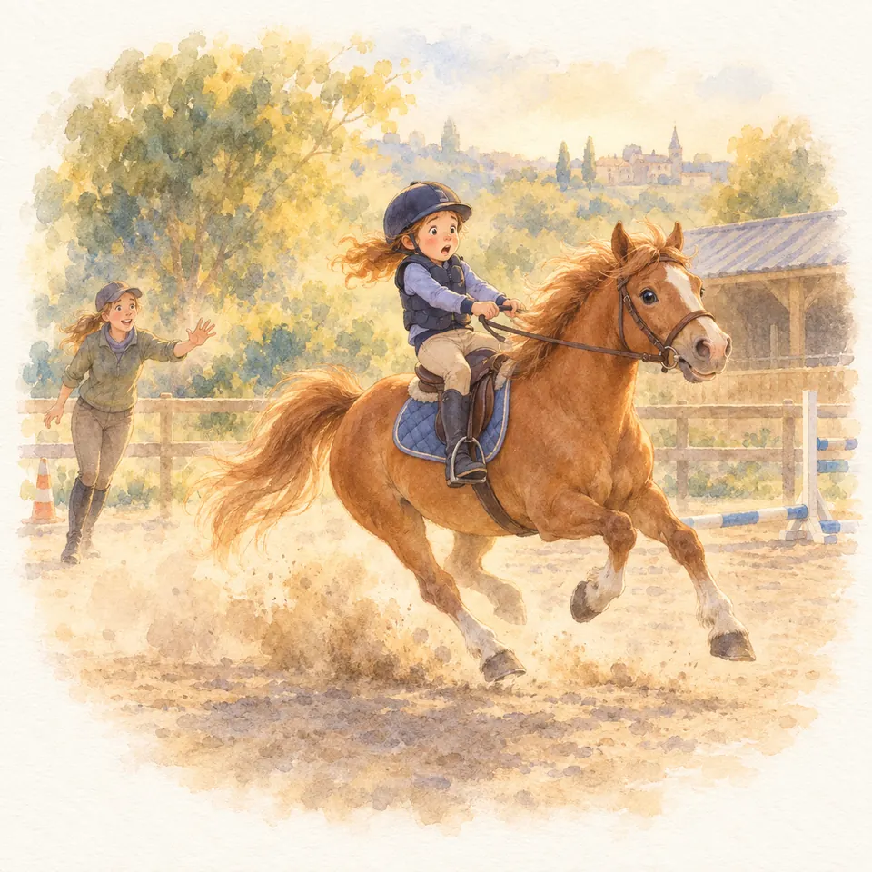 Un poney alezan galope dans la carrière avec une enfant tenant les rênes, tandis qu’une monitrice court derrière
