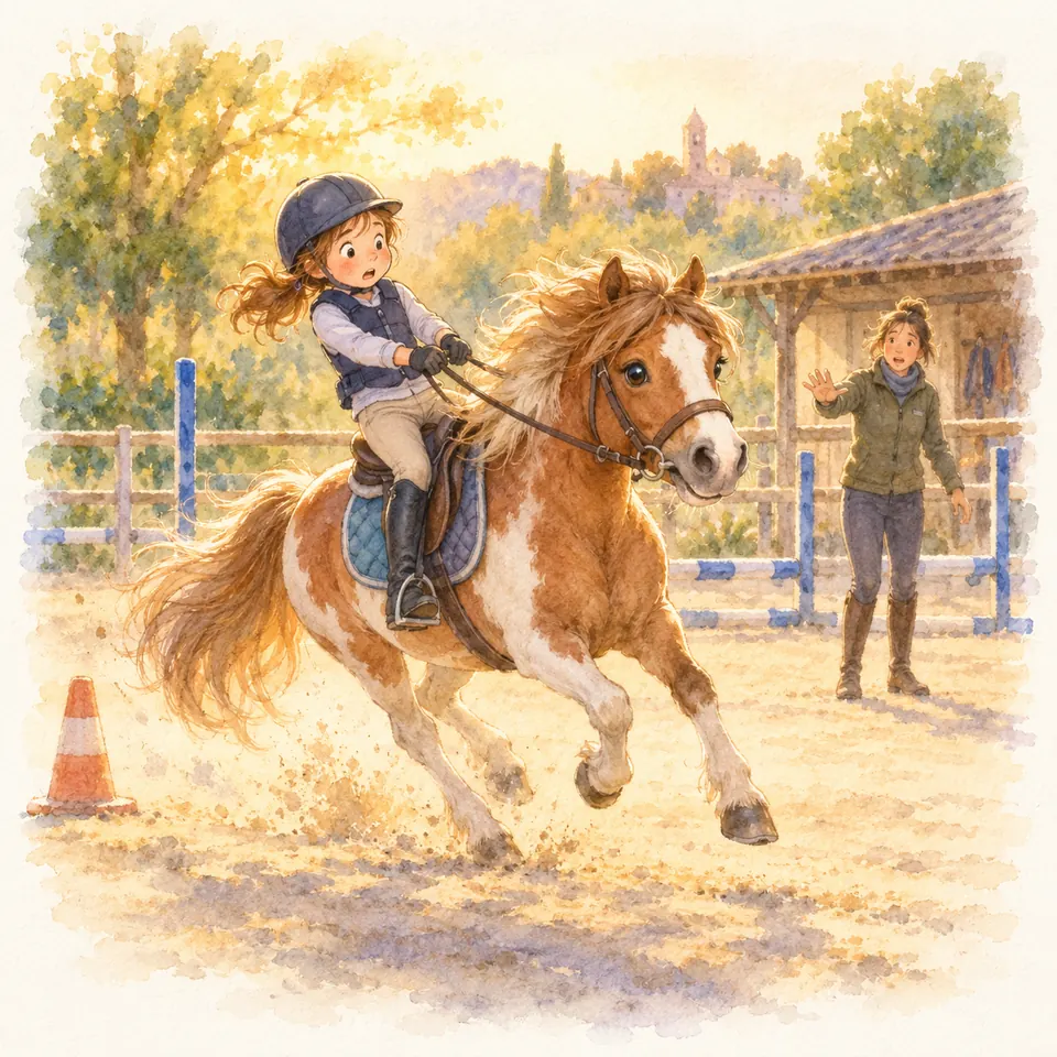 Une jeune cavalière tire sur les rênes d’un poney pie alezan lancé dans la carrière, devant une monitrice