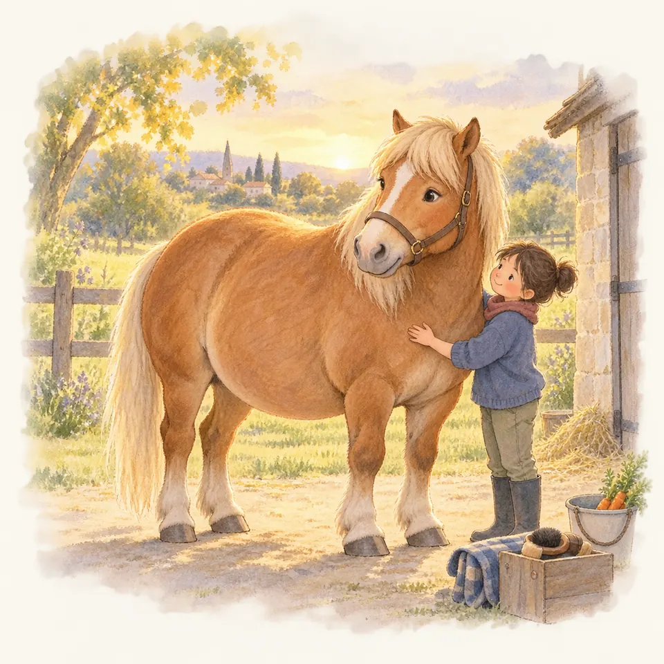 Une enfant pose les mains sur le poitrail d’un poney palomino au ventre arrondi, près de l’écurie