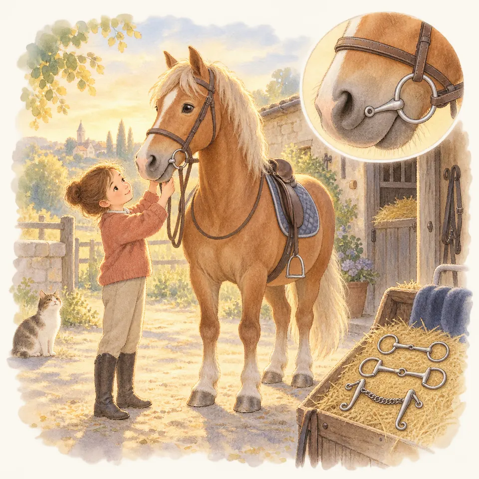 Une enfant ajuste le mors d’un poney palomino sellé devant l’écurie, près de plusieurs embouchures posées sur la paille