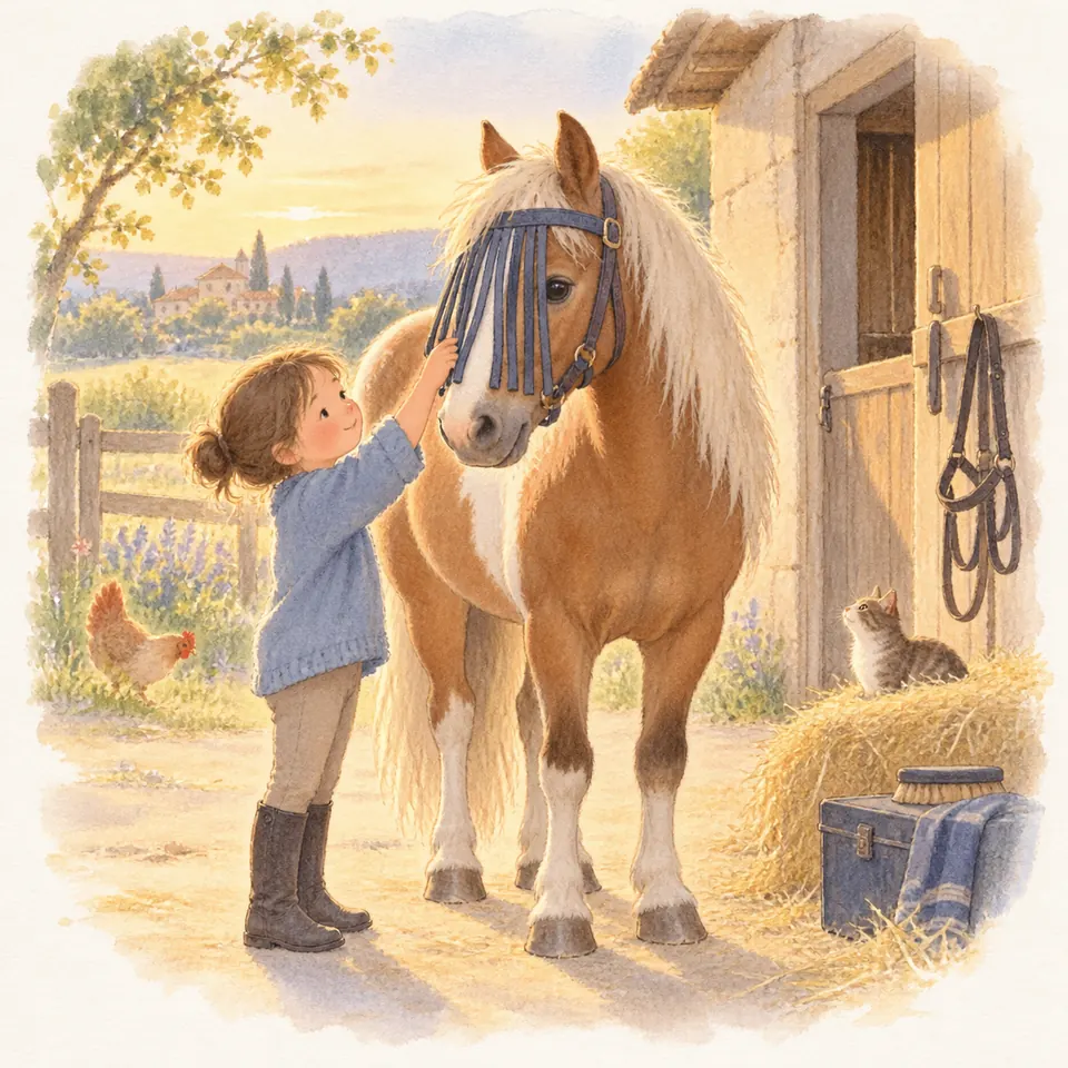 Une enfant ajuste une émouchette à franges bleues sur le front d’un poney palomino devant son box