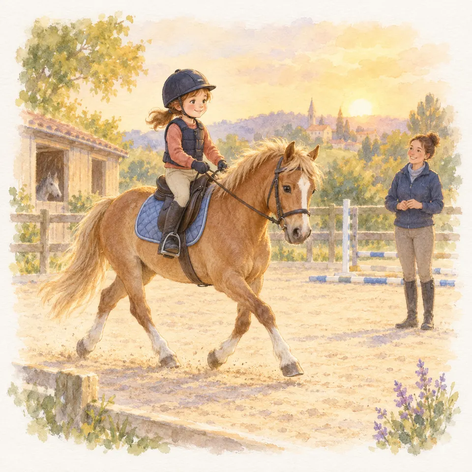 Une jeune cavalière monte un poney palomino qui avance dans une carrière, sous le regard d’une monitrice