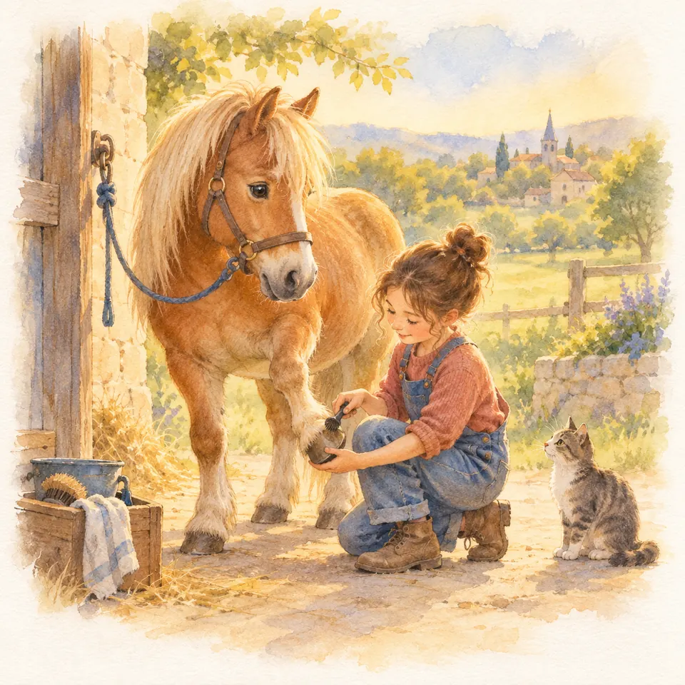 Une femme accroupie examine le sabot antérieur levé d’un poney palomino attaché devant l’écurie, près d’un chat