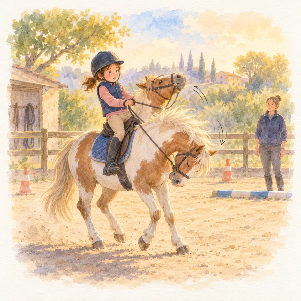 Une enfant monte un poney pie qui relève puis abaisse la tête dans une carrière, sous le regard d’une monitrice