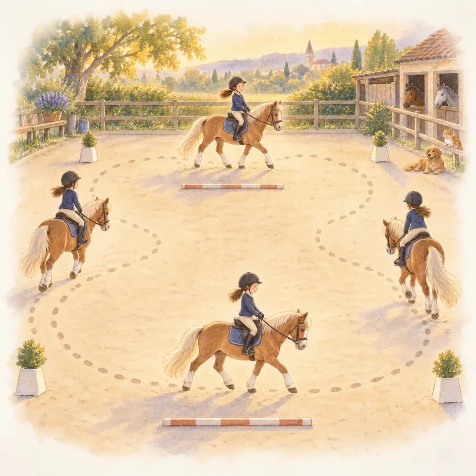 Des enfants sur des poneys alezans suivent un parcours sinueux entre des barres au sol dans une carrière près des écuries