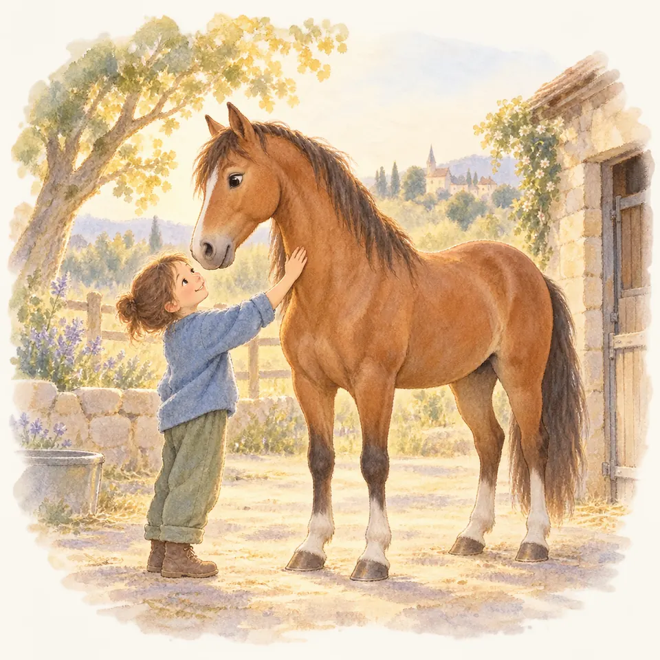 Une enfant pose les mains sur l’encolure d’un cheval bai debout près d’une écurie en pierre