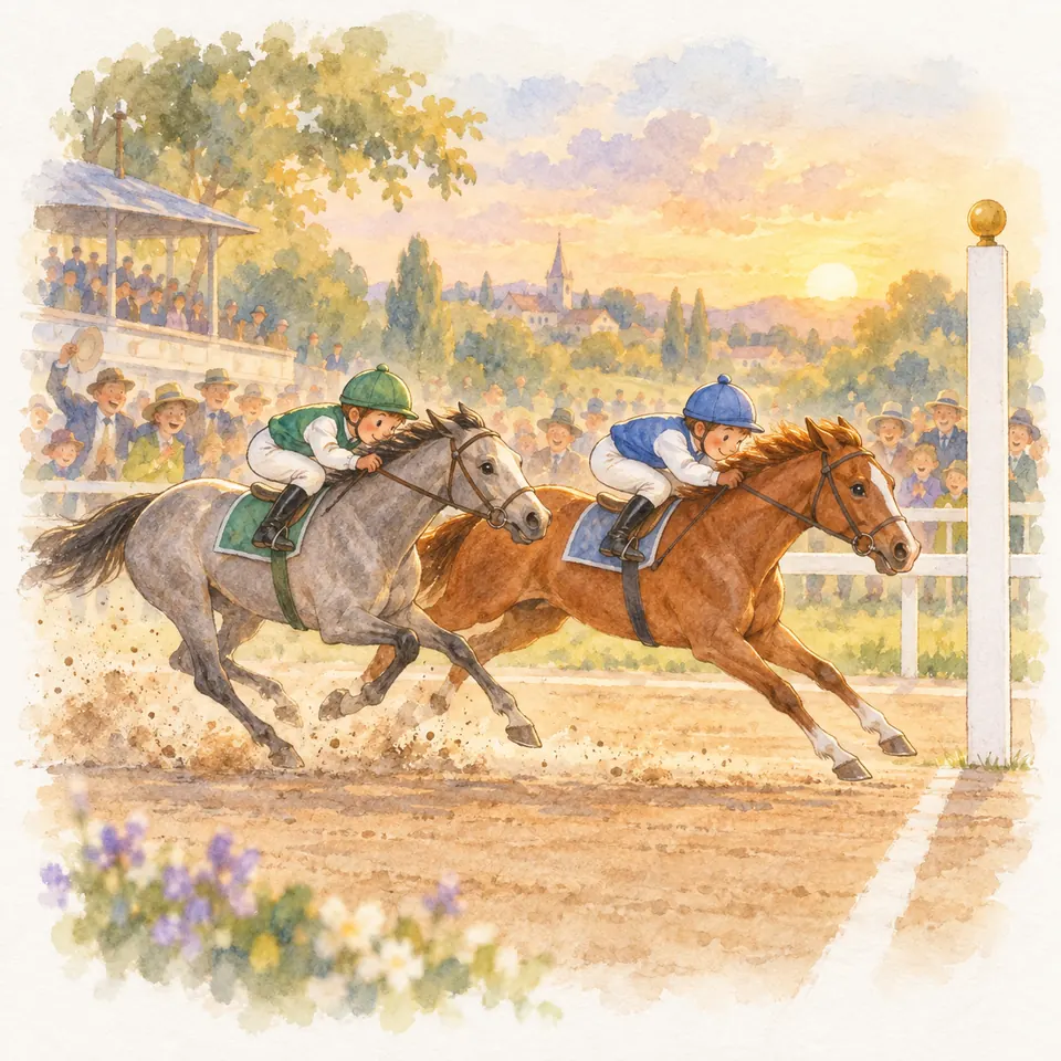 Deux jockeys sur un cheval alezan et un cheval gris galopent vers l’arrivée, l’alezan devançant le gris d’une encolure