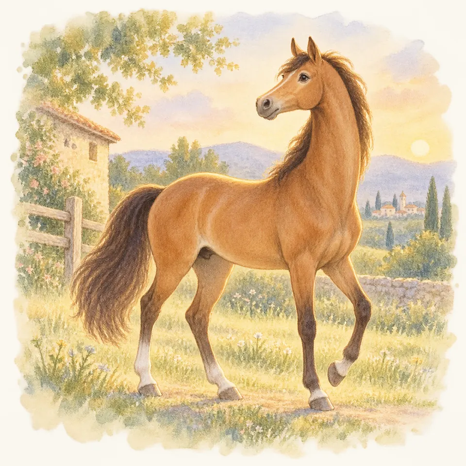 Un cheval bai à l’encolure dressée et creusée sur le dessus lève un antérieur dans un pré bordé d’une clôture