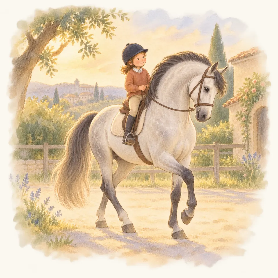 Une enfant monte un cheval gris à l’encolure fortement arrondie, un antérieur levé, dans une carrière clôturée