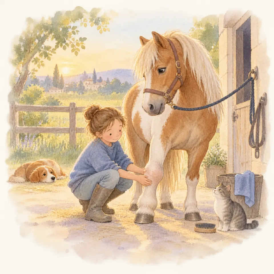 Une enfant accroupie pose les mains sur l’antérieur d’un poney pie alezan attaché près d’une écurie