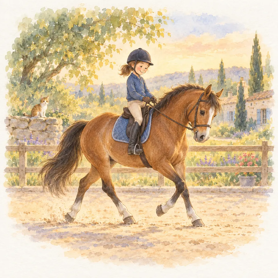 Une enfant monte un cheval bai qui avance un postérieur sous son ventre dans une carrière bordée d’une clôture en bois