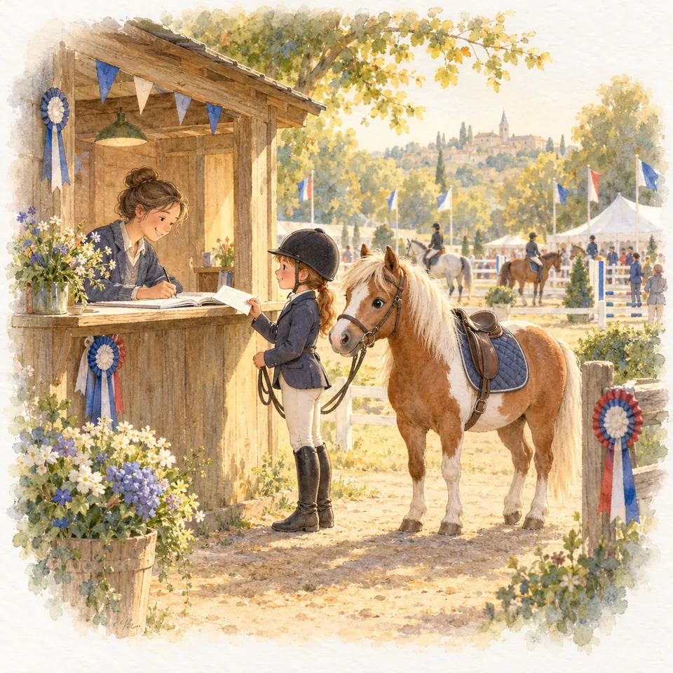 Une jeune cavalière tient son poney pie alezan en main devant un guichet où une femme écrit dans un registre de concours