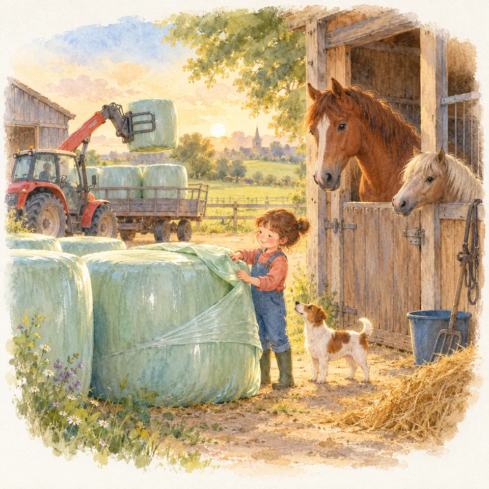 Une enfant touche le film d’une balle d’enrubannage devant l’écurie, tandis qu’un tracteur charge des balles