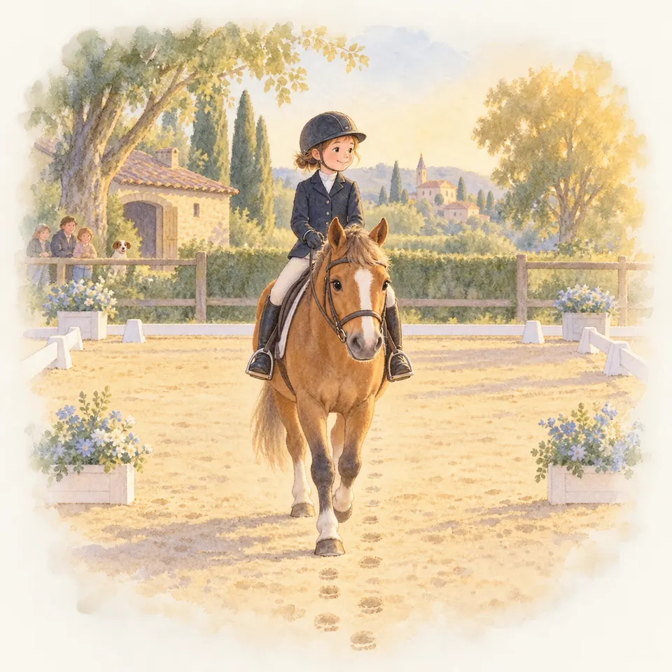 Une jeune cavalière sur un poney alezan entre dans une piste de dressage délimitée par des lices blanches et des fleurs