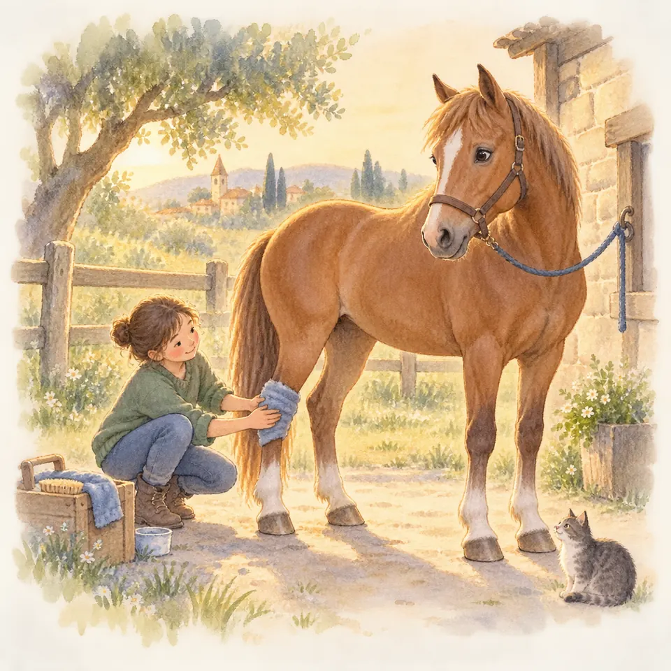 Une enfant accroupie passe un linge bleu sur le jarret d’un poney alezan attaché près de l’écurie