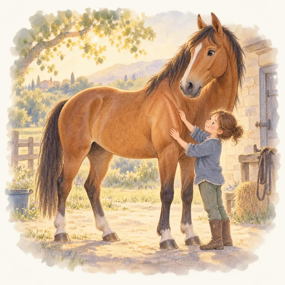 Une enfant pose les mains sur l’épaule d’un cheval bai debout près de l’écurie, à côté d’une clôture en bois