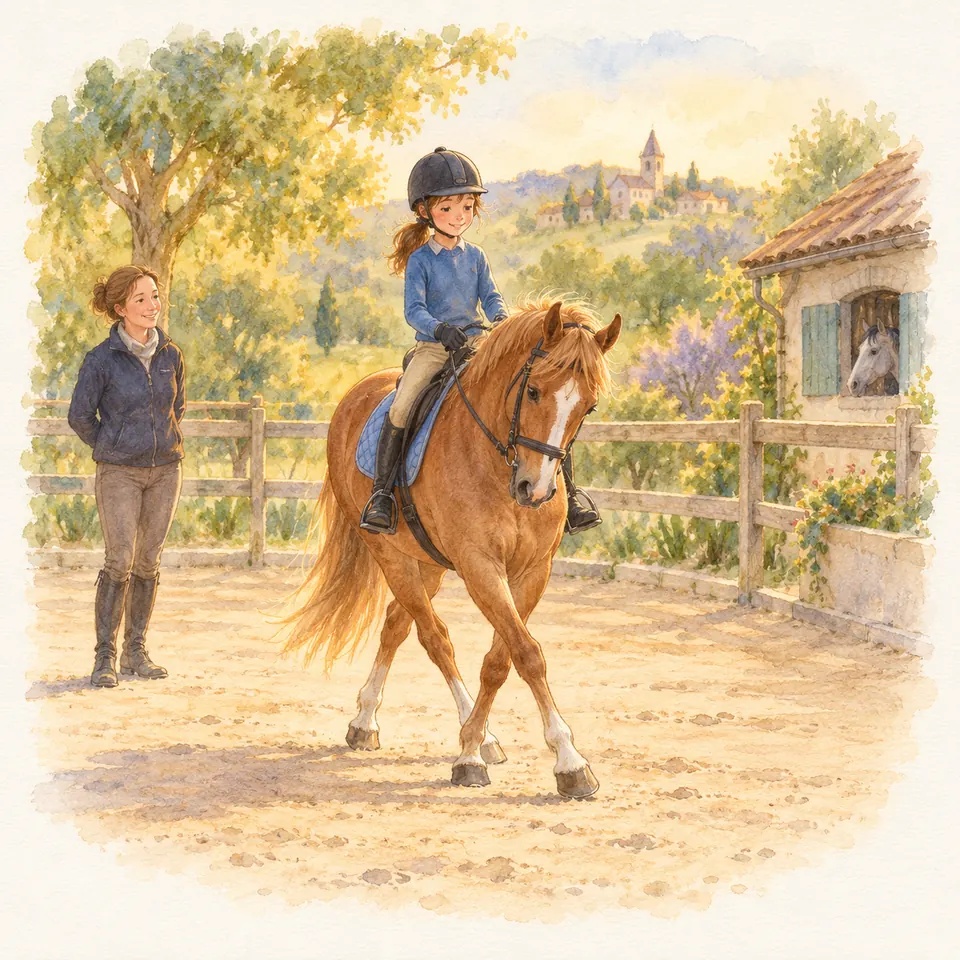 Une jeune cavalière monte un poney alezan en épaule en dedans dans une carrière, sous le regard d’une monitrice