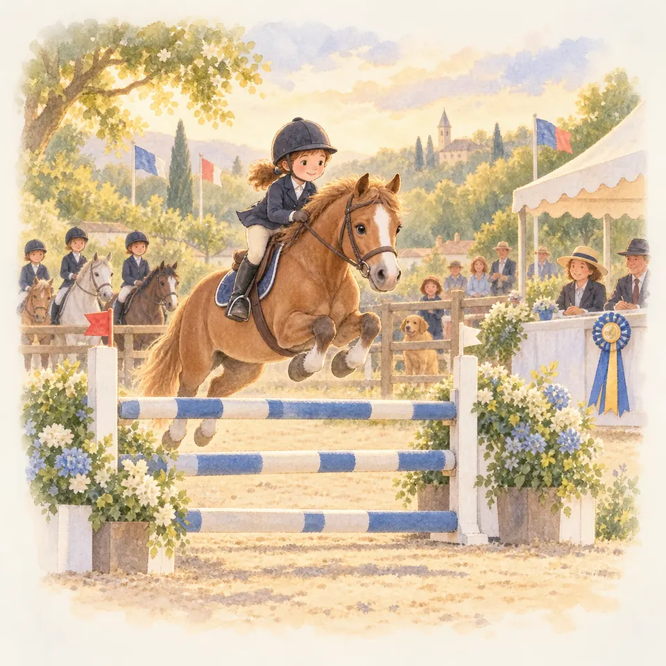 Une jeune cavalière et son poney alezan franchissent un obstacle bleu et blanc lors d’une épreuve devant des spectateurs