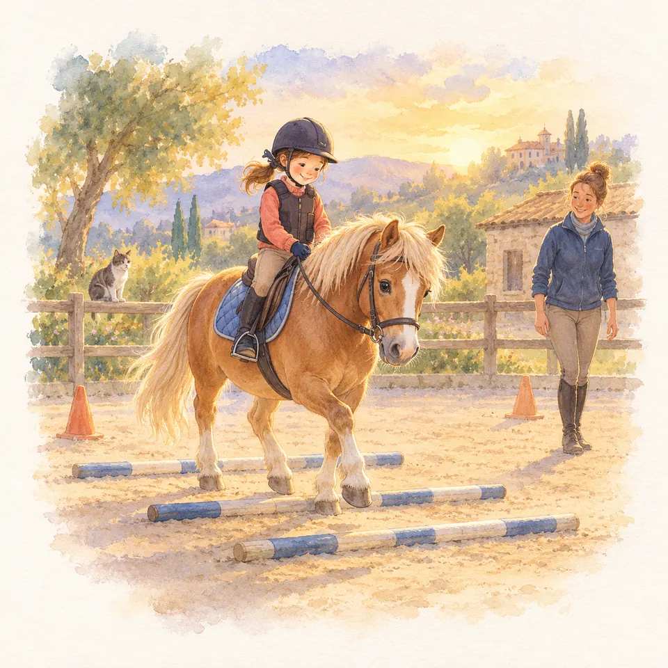 Une enfant monte un poney palomino qui franchit des barres au sol dans une carrière, accompagnée d’une monitrice