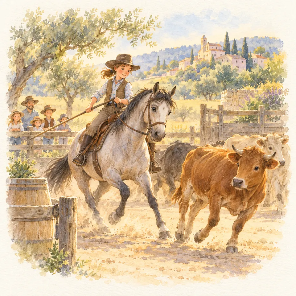 Une cavalière à chapeau monte un cheval gris et tient une longue perche pour guider des bovins dans un enclos