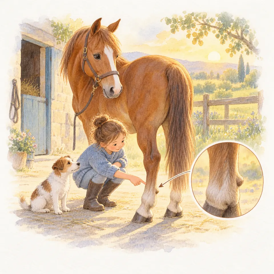 Une enfant accroupie désigne l’ergot d’un cheval alezan au niveau du boulet d’un postérieur, avec un chien à ses côtés
