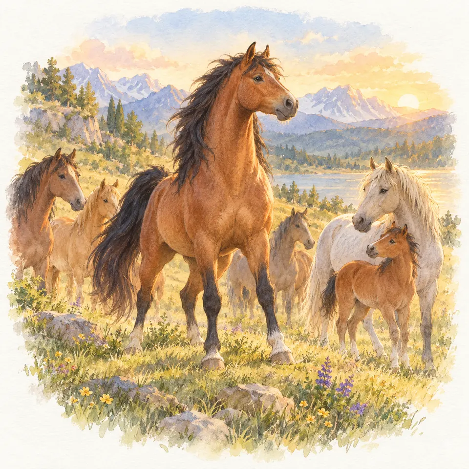 Un cheval bai se tient devant plusieurs chevaux et un poulain dans une prairie fleurie, près d’un lac entouré de montagnes