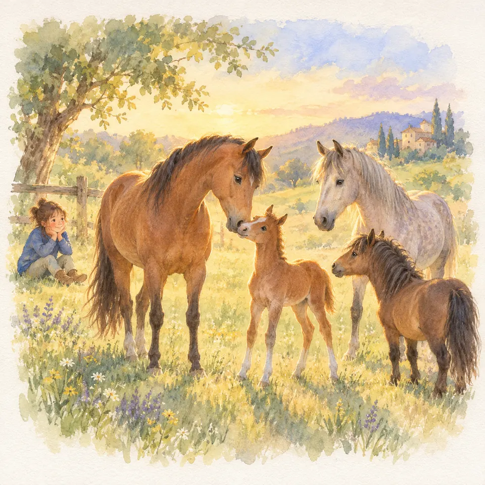 Un enfant assis sous un arbre observe deux chevaux, un poulain alezan et un poney bai réunis dans une prairie