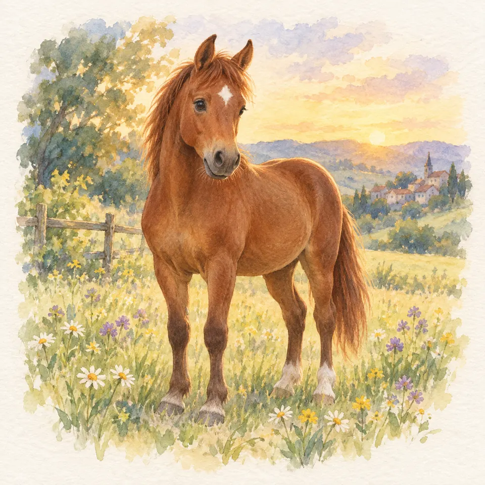 Un cheval alezan portant une étoile blanche sur le front se tient dans une prairie fleurie bordée d’une clôture