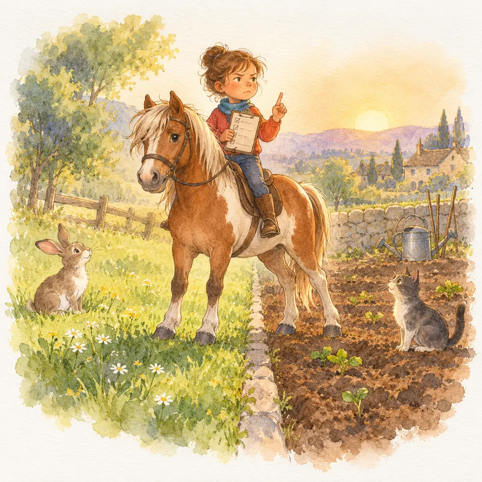 Une enfant en selle sur un poney pie alezan tient un carnet et lève un doigt entre une prairie et un potager
