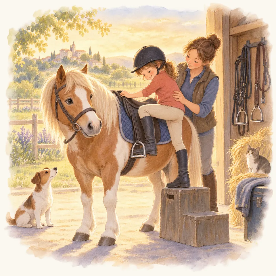 Une monitrice aide une enfant casquée à monter sur un poney pie alezan, un pied dans l’étrier et l’autre sur un montoir