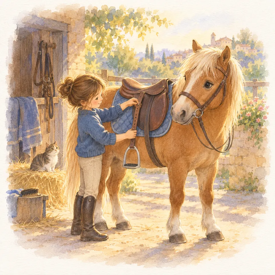 Une enfant règle l’étrivière d’un poney palomino sellé, debout devant une écurie en pierre