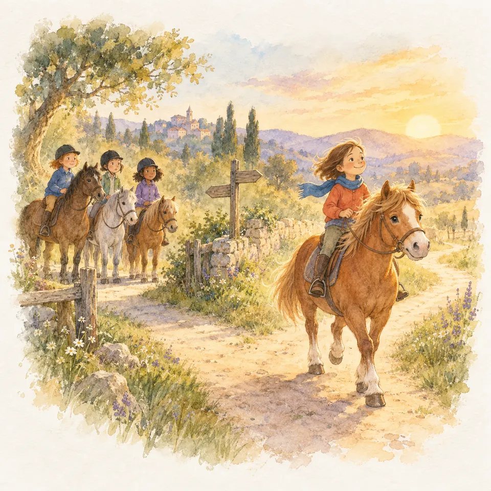 Une enfant sur un poney alezan s’éloigne de trois cavaliers restés à une bifurcation du chemin